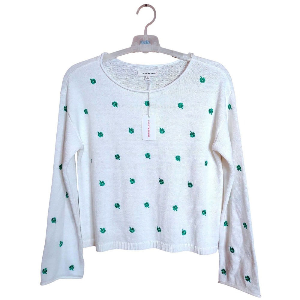 Lucky Brand Clover Leaf Sweater M White Green Shamrock NWT Embroidered Knit